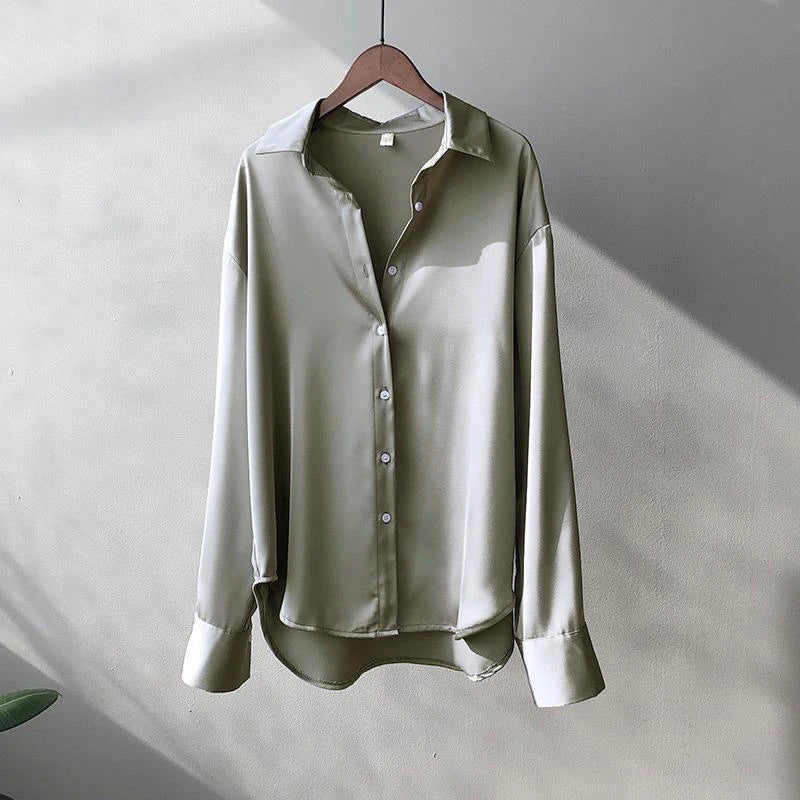 Women's Satin Button-Front Blouse — Korean Long Sleeve Casual Office Top, Slim Fit