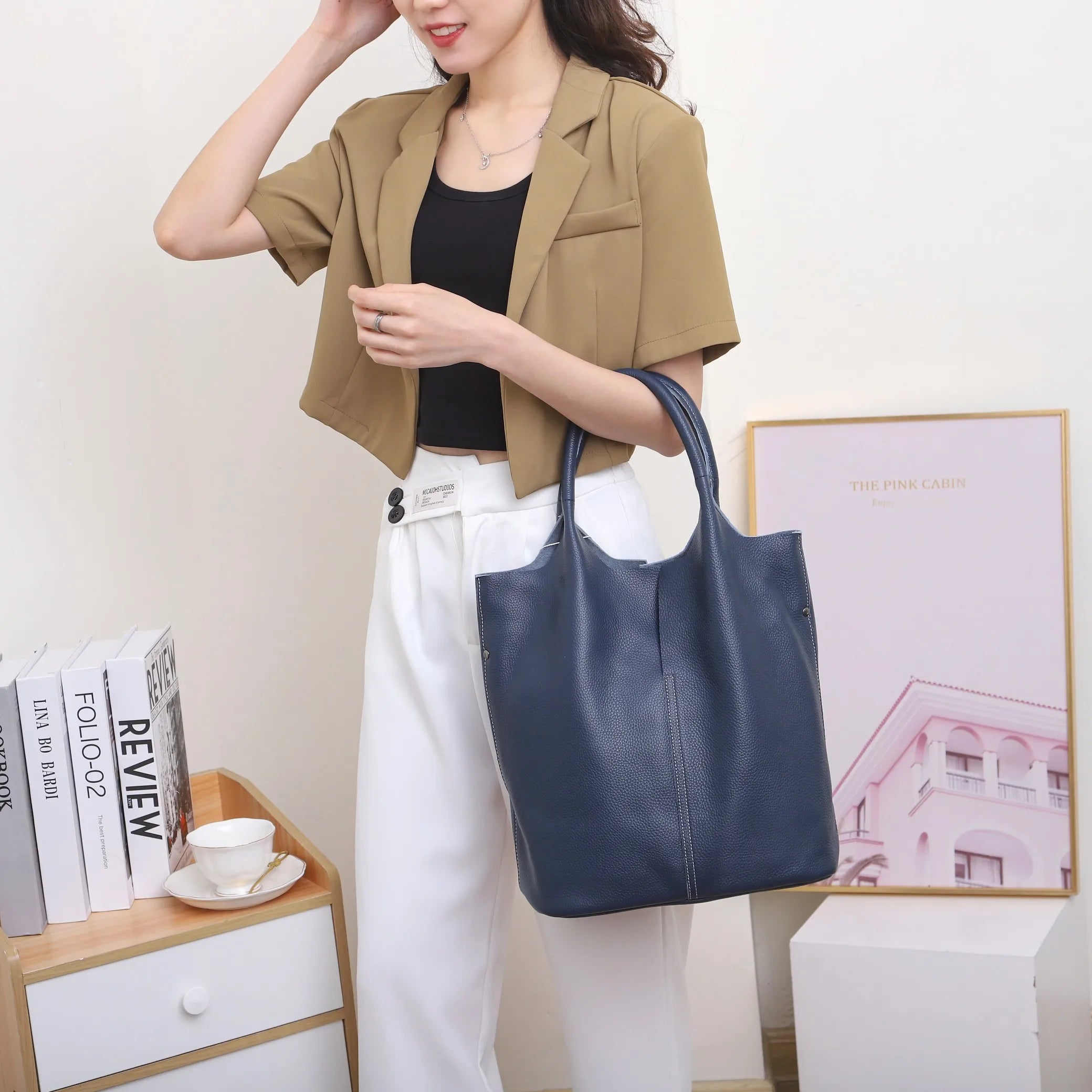 Large Genuine Cowhide Leather Tote Bag - Soft Women's Commuter Shoulder Bucket Handbag