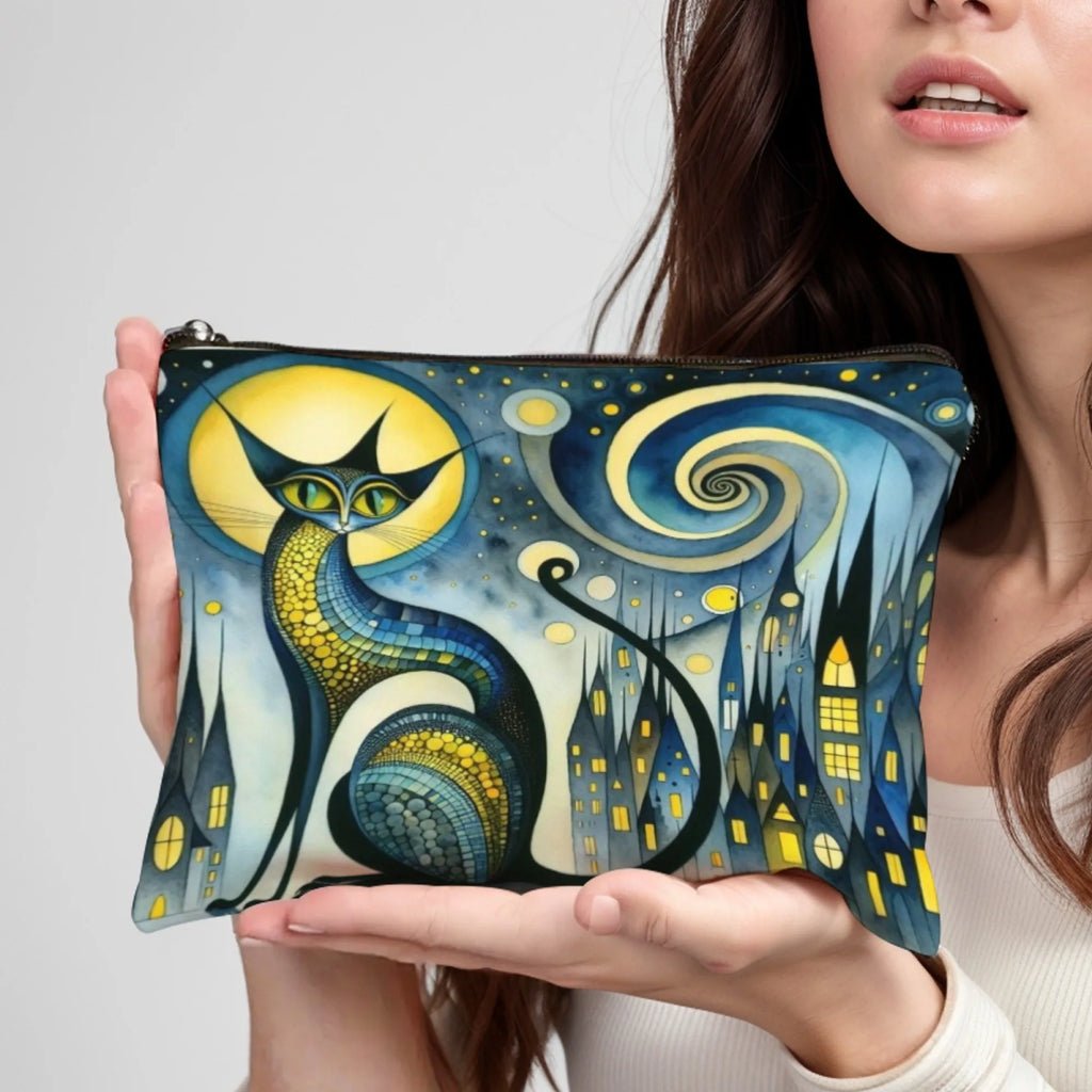 Retro Cat Art Makeup Bag – Women's Multifunctional Zipper Cosmetic Pouch & Jewelry Organizer