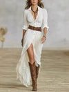 Women's French Retro V-Neck Belted Pleated Ankle-Length Dress – Long Sleeve Single-Breasted Bohemian