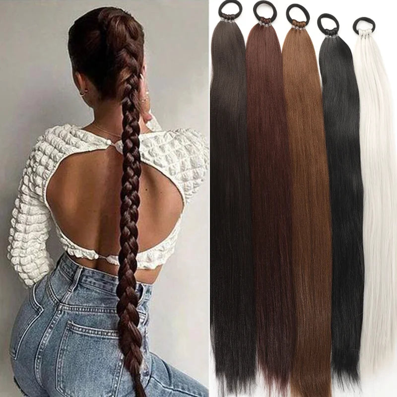 28-Inch (71 cm) Synthetic Ponytail Extension with Elastic Band - Braided Wraparound Hairpiece, Silky Straight Heat-Resistant Fiber, Black/Brown
