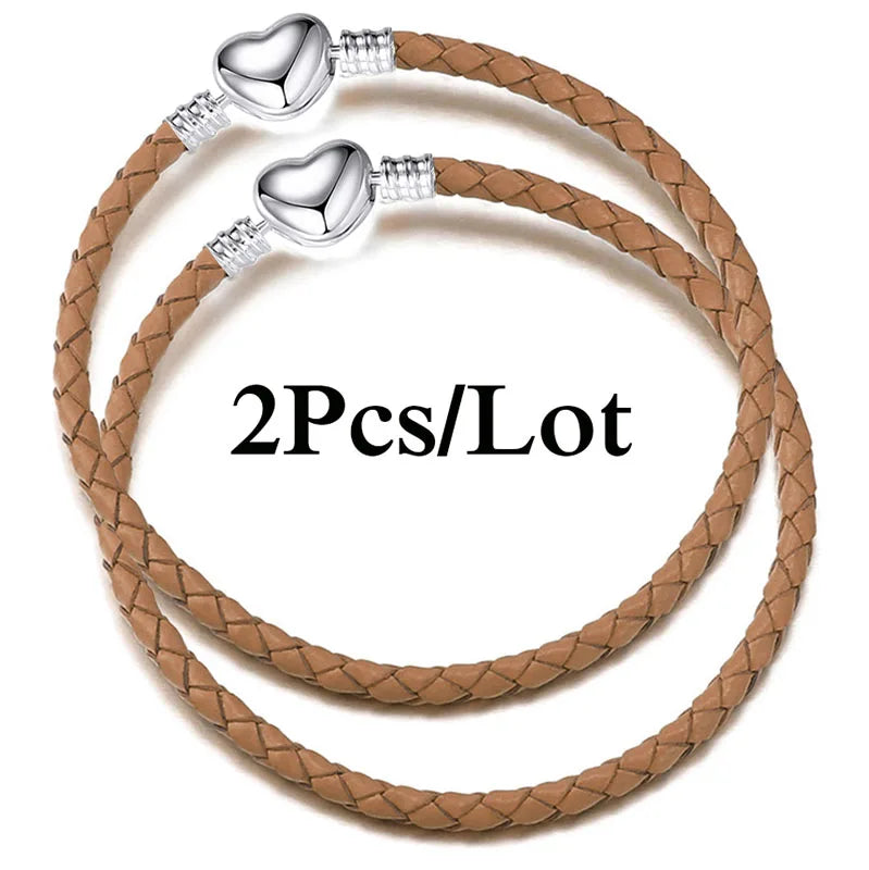 2-Pack Leather Chain Charm Bracelets with Beads – Handmade Couples Pulsera Jewelry (Unisex)