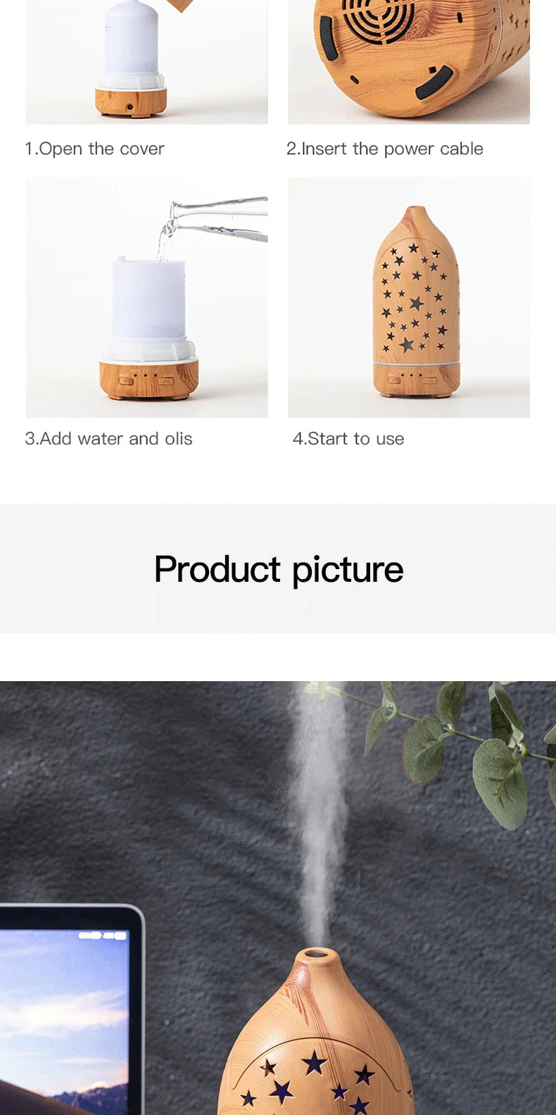 Ultrasonic Essential Oil Diffuser 100ml (3.4 fl oz) with LED Lights - Adjustable Cool Mist Modes for Aromatherapy & Humidifying