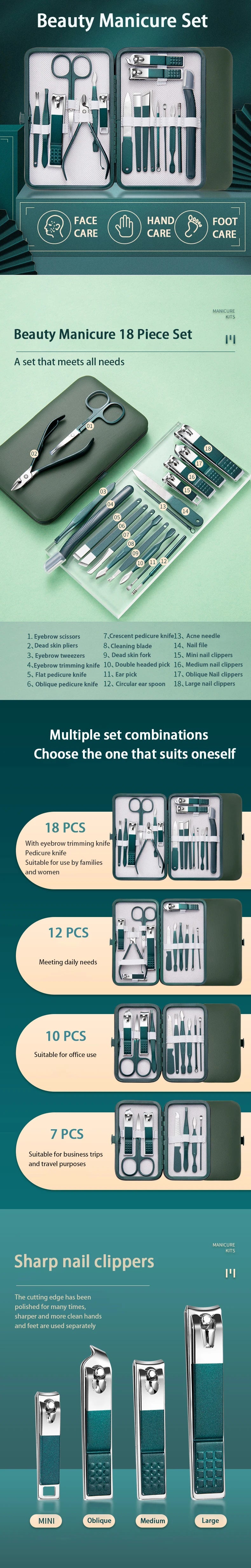 Professional 7-18 Piece Stainless Steel Manicure & Pedicure Set with Travel Case - Portable Nail Care Kit