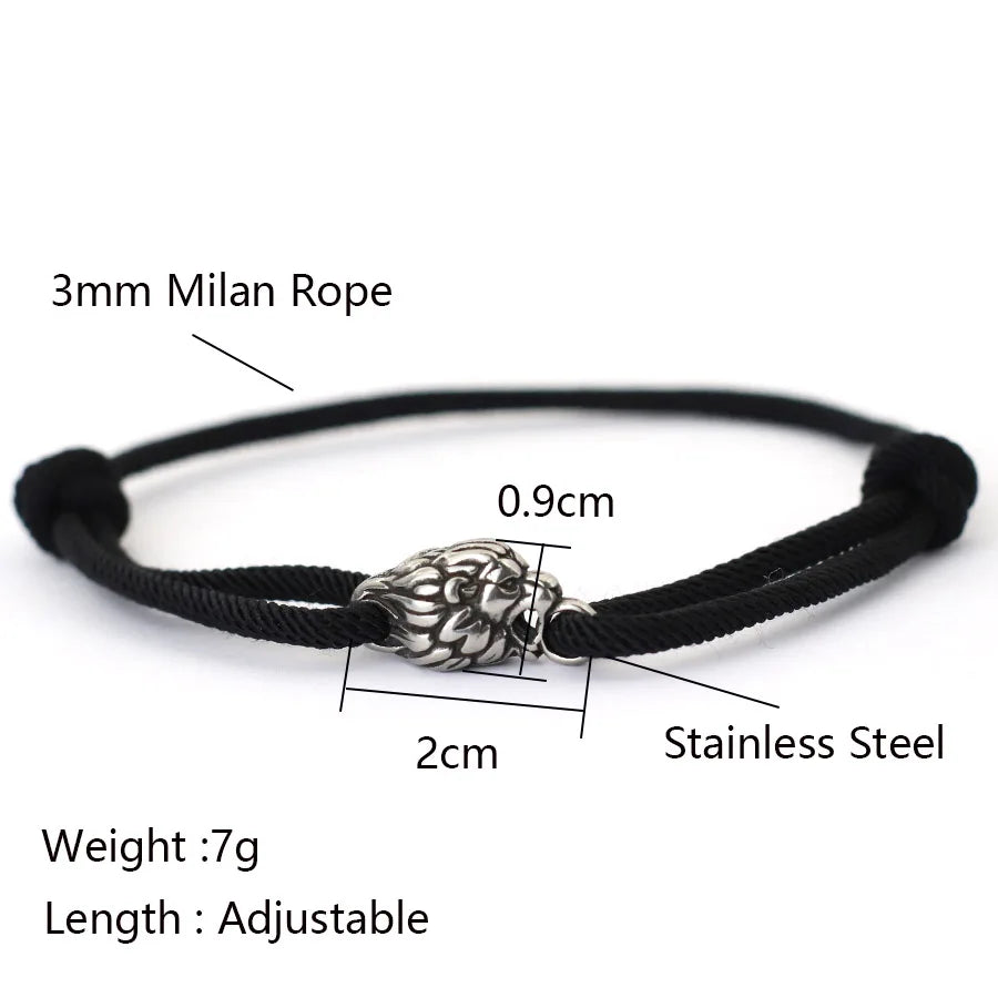 Gothic Lion Head Stainless Steel & Red String Bracelet - Handmade Adjustable Men's Punk Hip Hop Gift