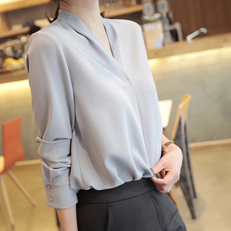 Korean Solid V-Neck Chiffon Blouse — Elegant Long Sleeve Loose-Fit Women's Commuter Shirt