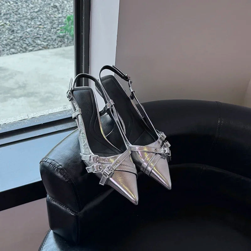 Pointed Toe High Heel Sandals for Women – Roman Slip-On Square Heel Dress Sandals