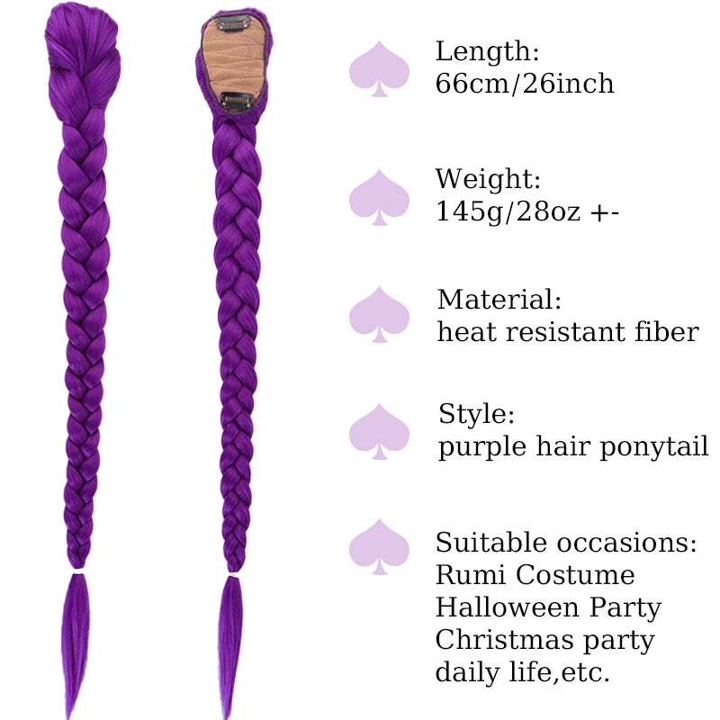 Clip-In Braided Purple Ponytail 26in (66cm) Synthetic Hair Extension for Kids Girls Costume Halloween & Christmas
