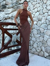 JULISSA MO Satin Hollow-Out Maxi Dress – Sleeveless High-Waist Black Evening & Party Gown