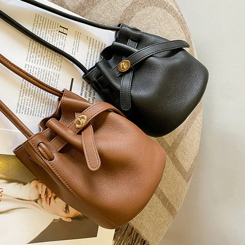 Women's Litchi Grain PU Leather Bucket Bag with Lock Cylinder – Small Crossbody Shoulder Phone Bag