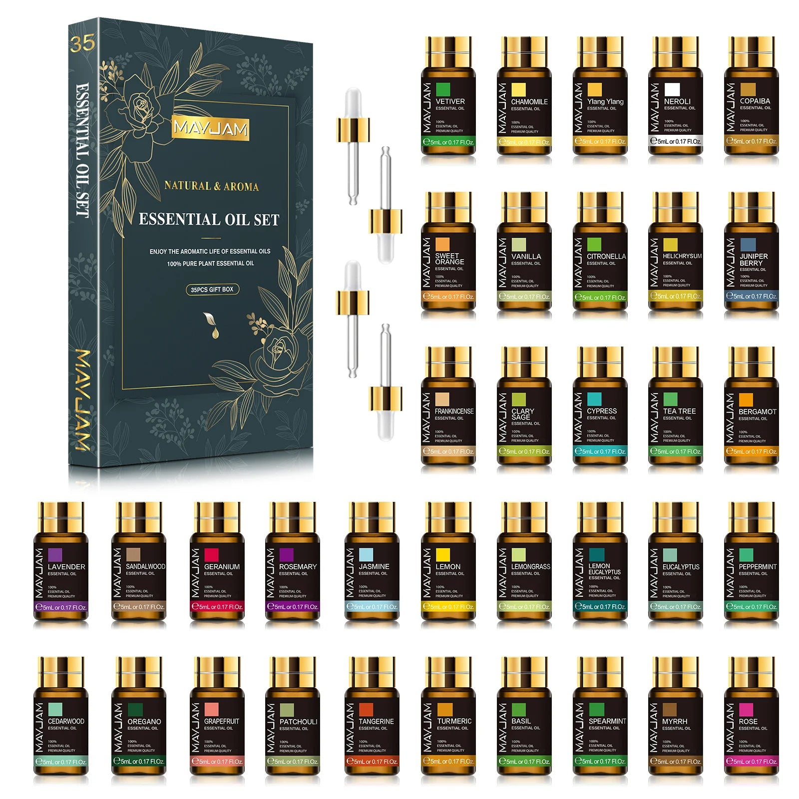 MAYJAM 35-Piece Essential Oil Set for Diffuser, Candle Making, Massage & Aromatherapy Gift Box