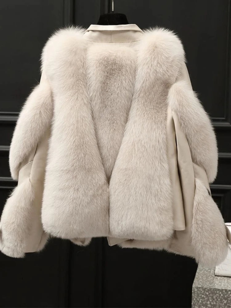 Women's Faux Fox Fur Short Coat - Casual Zip-Up Jacket with Turn-Down Collar, Wide-Waist Autumn/Winter