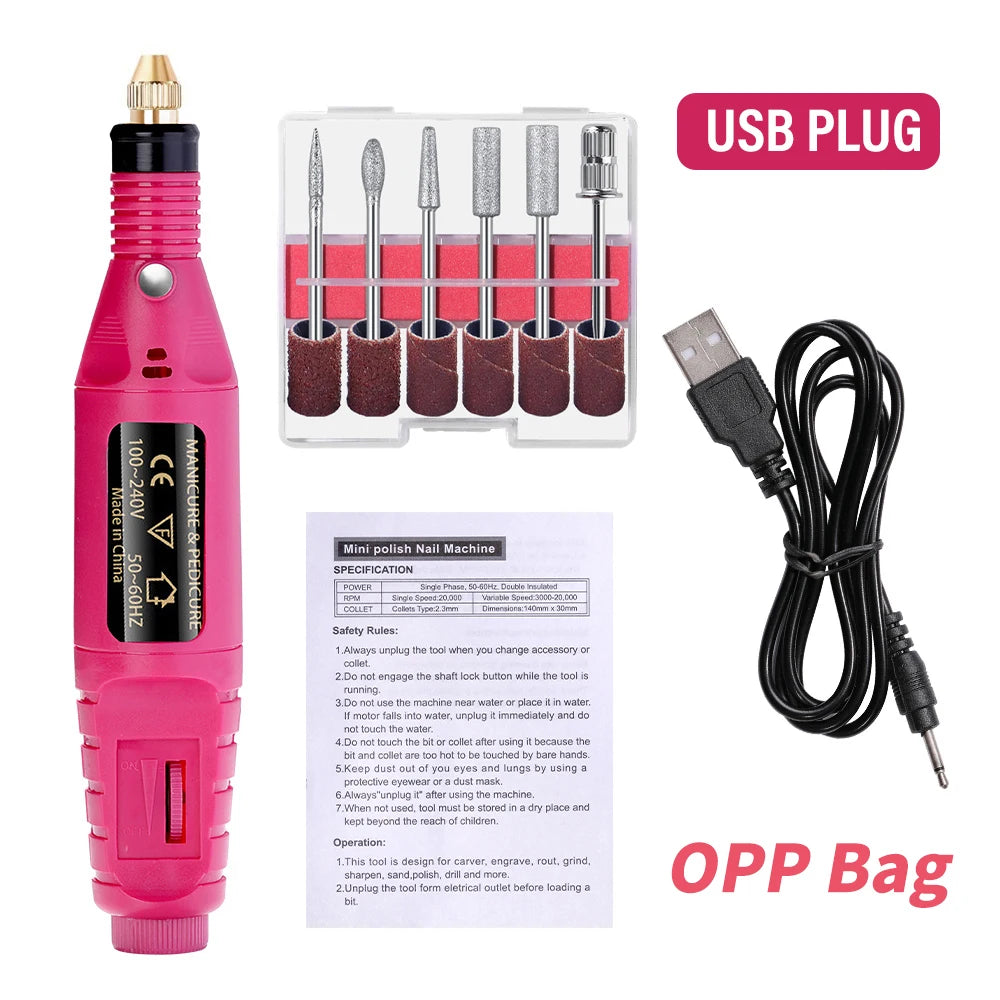 Portable USB Electric Nail Drill Machine – 6-Color Nail Polisher & Sander for Manicure Pedicure, 20,000 RPM, Includes 6 Drill Bits & Sanding Bands