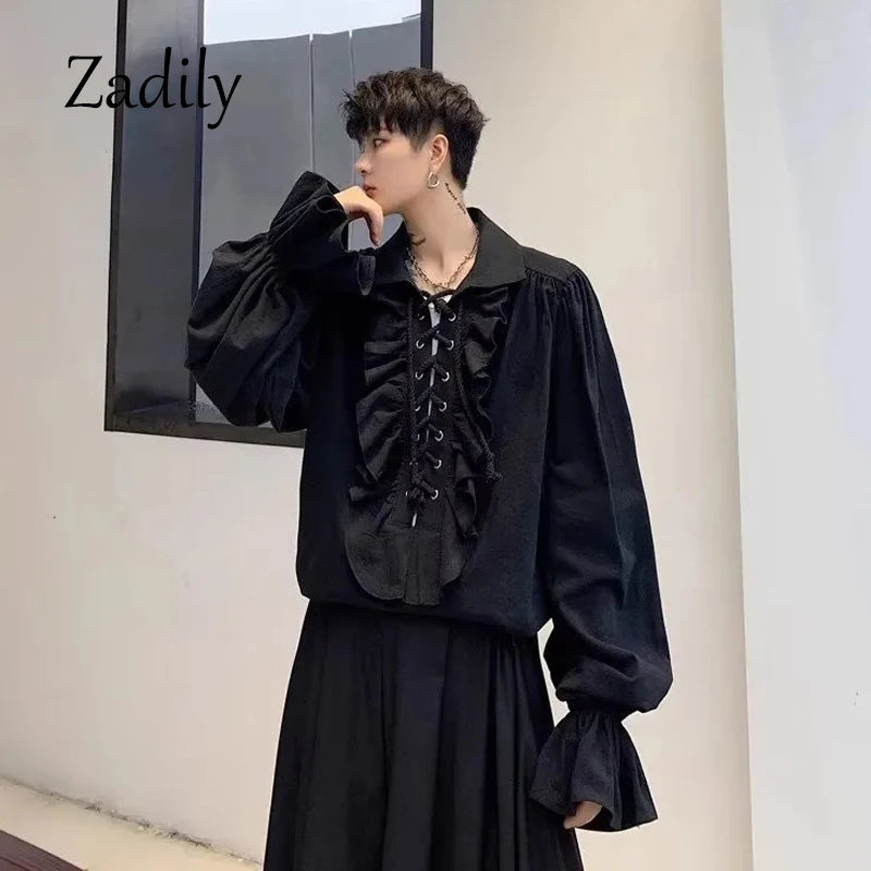 Victorian Gothic Renaissance Lace-Up Ruffled Blouse Women's Pirate Poet Medieval Top