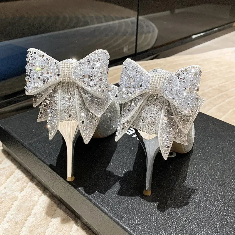 Women's Silver Ribbon Rhinestone Stiletto Pumps Pointed Toe High Heels Lightweight (EU 34-43)