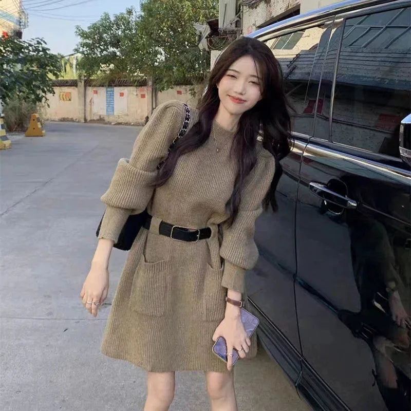 Autumn Winter Striped Knit Sweater Dress with Double Pockets, Korean Casual Loose Long Sleeve