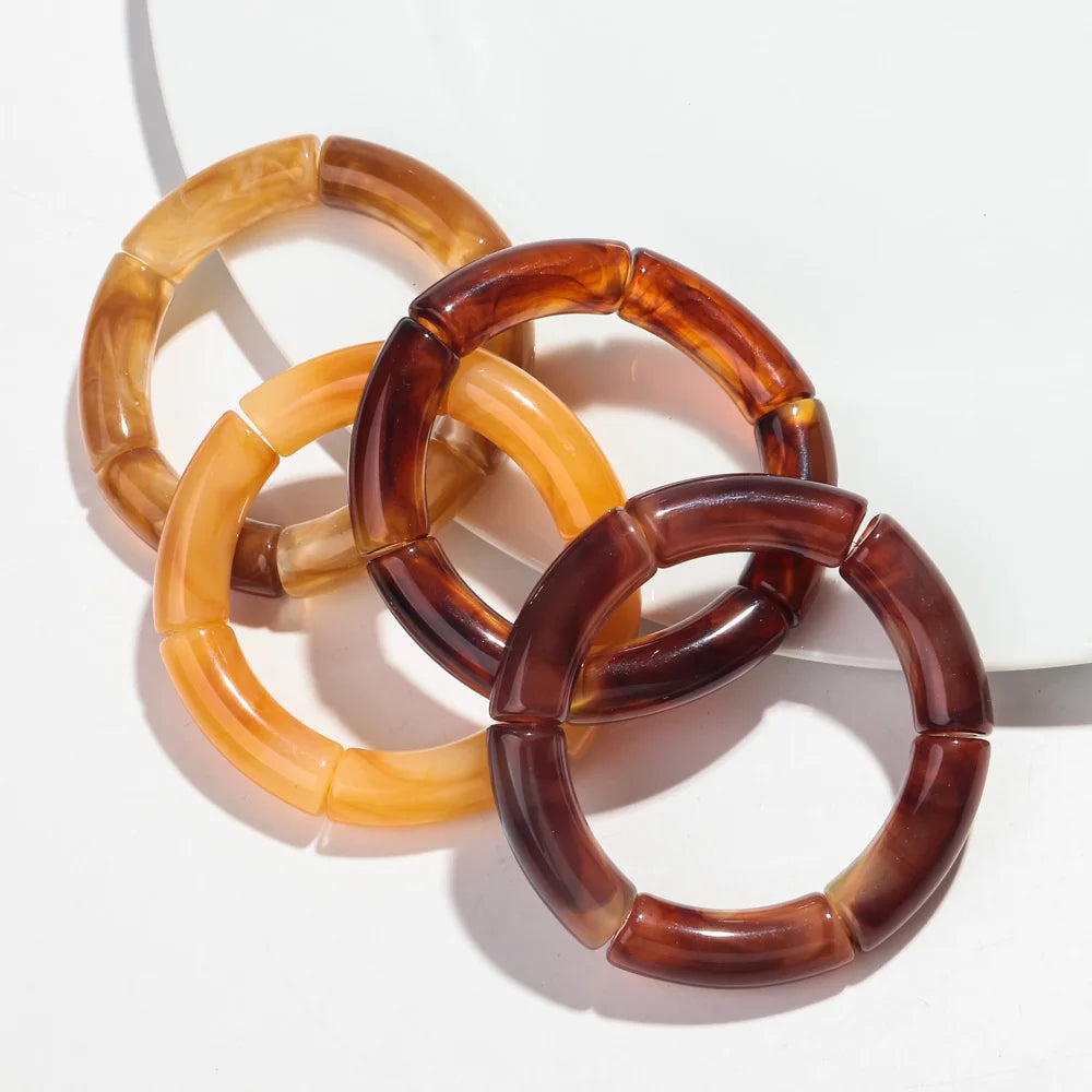 Acrylic Resin Amber Bamboo Bead Bracelet Set - 4-Pack Stretch Beaded Bangles for Women