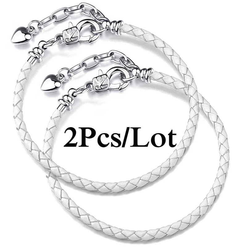 2-Pack Leather Chain Charm Bracelets with Beads – Handmade Couples Pulsera Jewelry (Unisex)