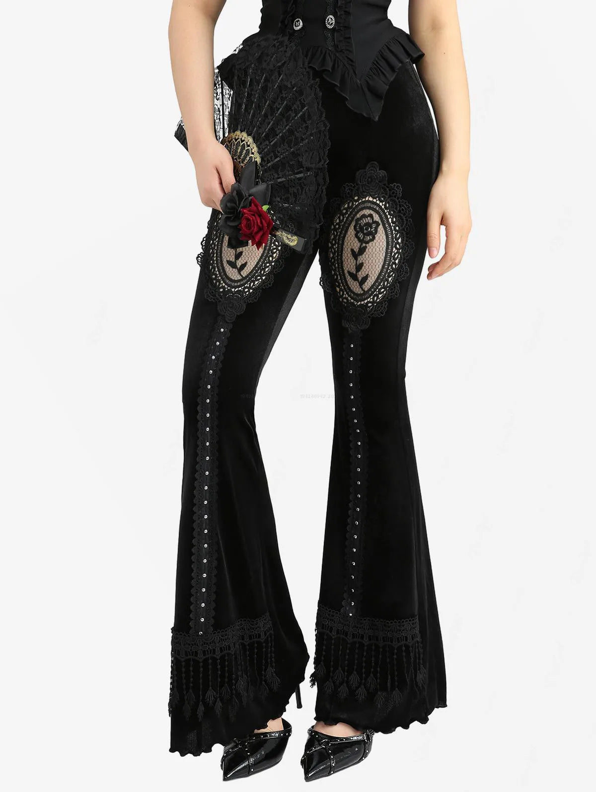 ROSE GAL Plus Size Gothic Mesh Rose Lace Applique Flare Pants — High-Waist Velvet Tassel Patchwork