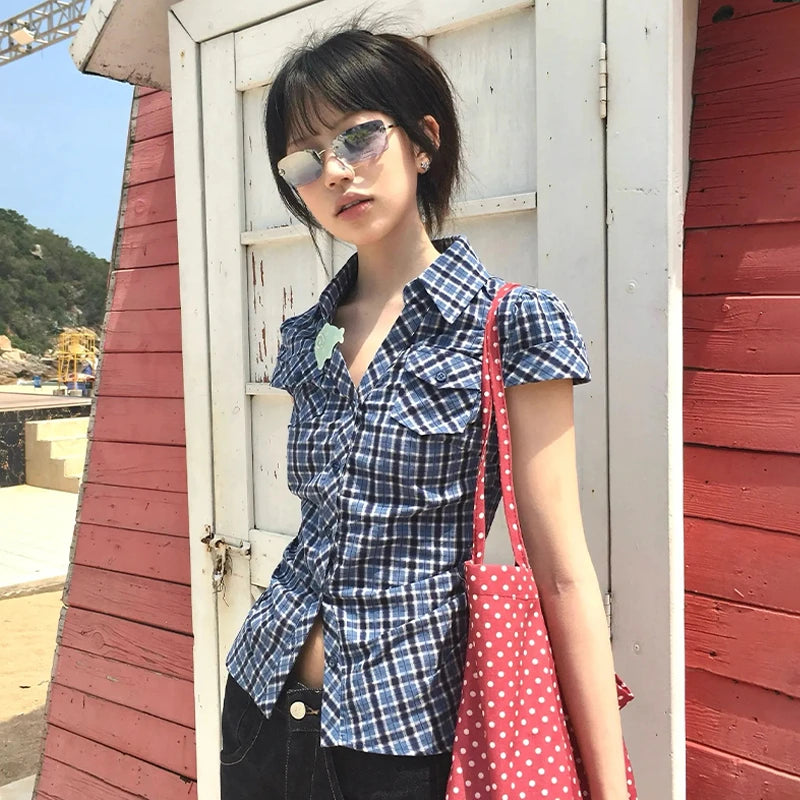 Y2K Plaid V-Neck Short Sleeve Shirt Harajuku Korean Vintage Blouse for Women