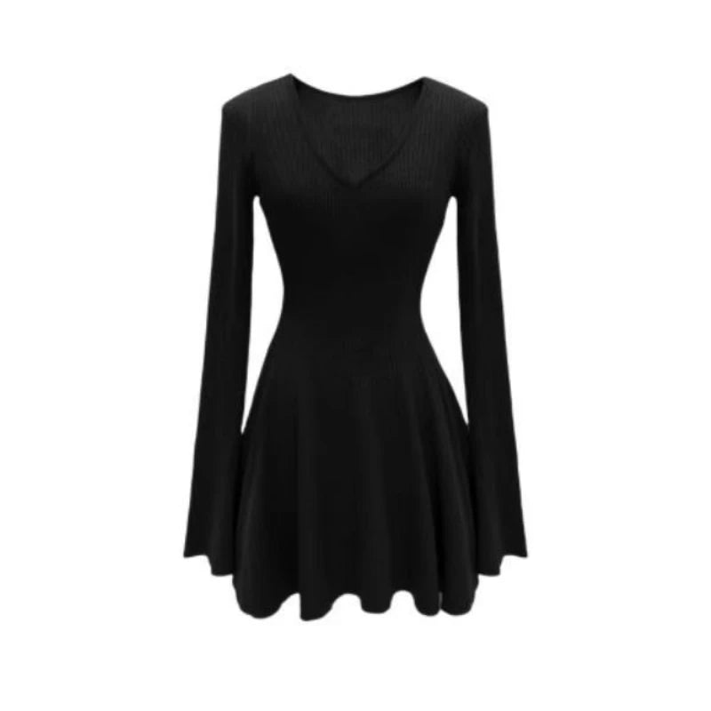 French V-Neck Ribbed Knit A-Line Mini Dress - Long Sleeve Autumn Winter Waist-Defining