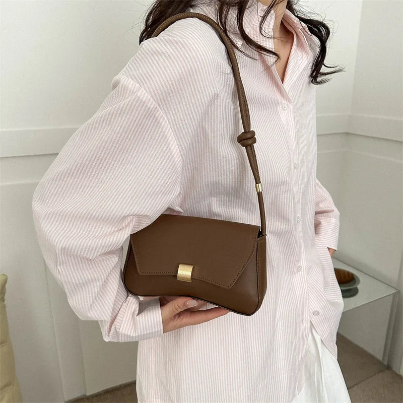 Metal Buckle Baguette Shoulder Bag - Chic PU Leather Crossbody Handbag for Women