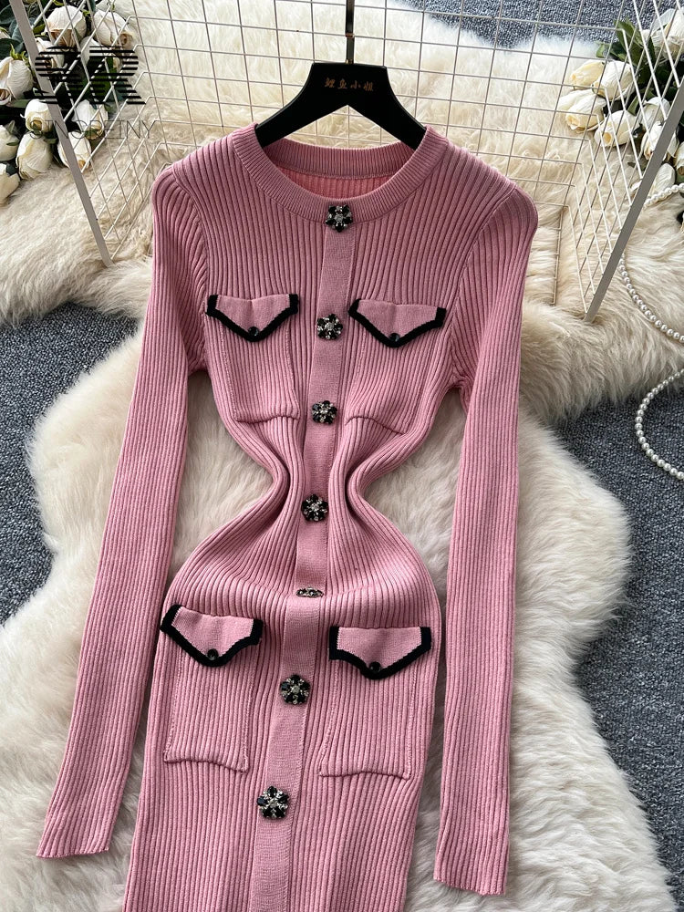 Women's Autumn Knit Bodycon Midi Dress - Long Sleeve Multicolor Pockets Slim French Office Style (One Size)