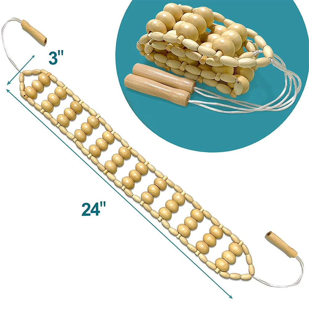 28 in (70 cm) Wooden Pull-Back Roller Rope — Manual Back Massager for Neck, Shoulders & Legs, Cellulite Relief