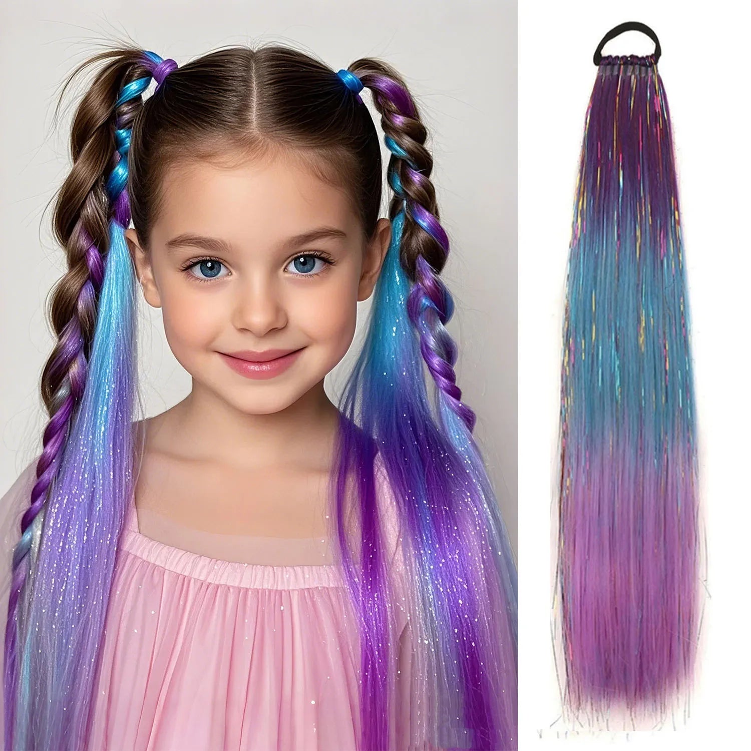 Purple Red Pink Ombre Tinsel Ponytail Extension with Elastic - 24in (60cm) 9-Strand Synthetic Hair for Girls, Crazy Hair Day