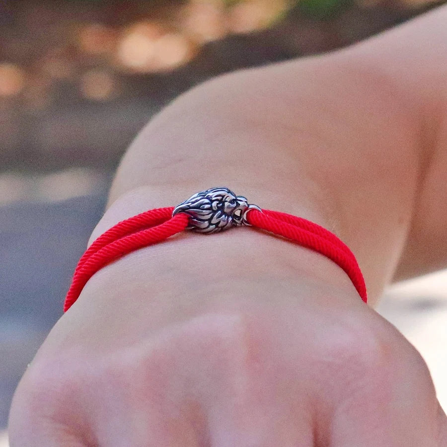 Gothic Lion Head Stainless Steel & Red String Bracelet - Handmade Adjustable Men's Punk Hip Hop Gift