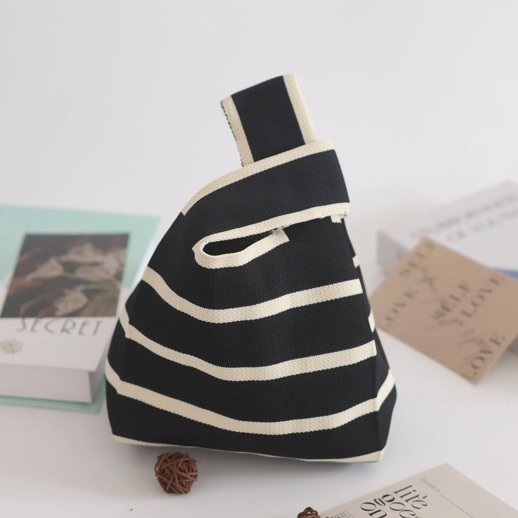 Handmade Knitted Knot Wrist Bag - Striped Mini Tote for Women, Large-Capacity Phone Bucket, Autumn Winter Casual