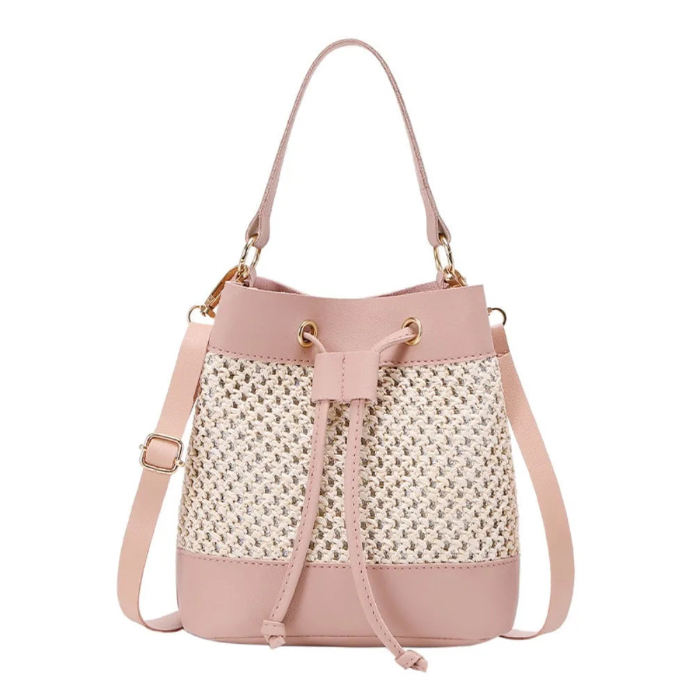 Straw Drawstring Bucket Crossbody Bag – Large Capacity Beach Messenger Shoulder Bag