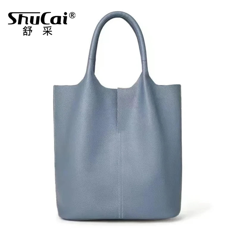 Large Genuine Cowhide Leather Tote Bag - Soft Women's Commuter Shoulder Bucket Handbag