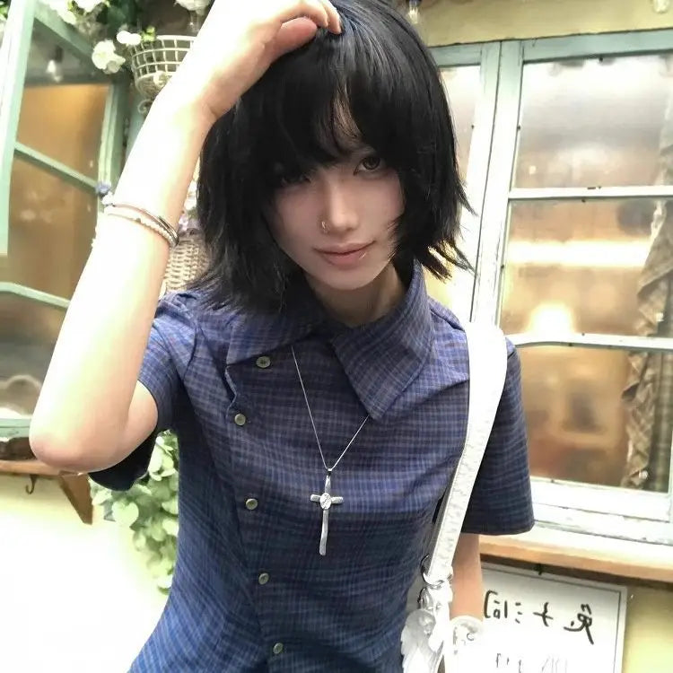 Vintage Plaid Short Sleeve Shirt for Women — Y2K Retro Japanese-Style Casual Button-Down Top