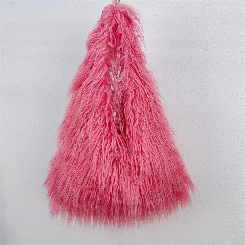Women's Faux Fur Plush Drawstring Bucket Bag - Y2K Furry Shoulder & Crossbody Tote, 30 x 25 x 52 cm (11.8 x 9.8 x 20.5 in)