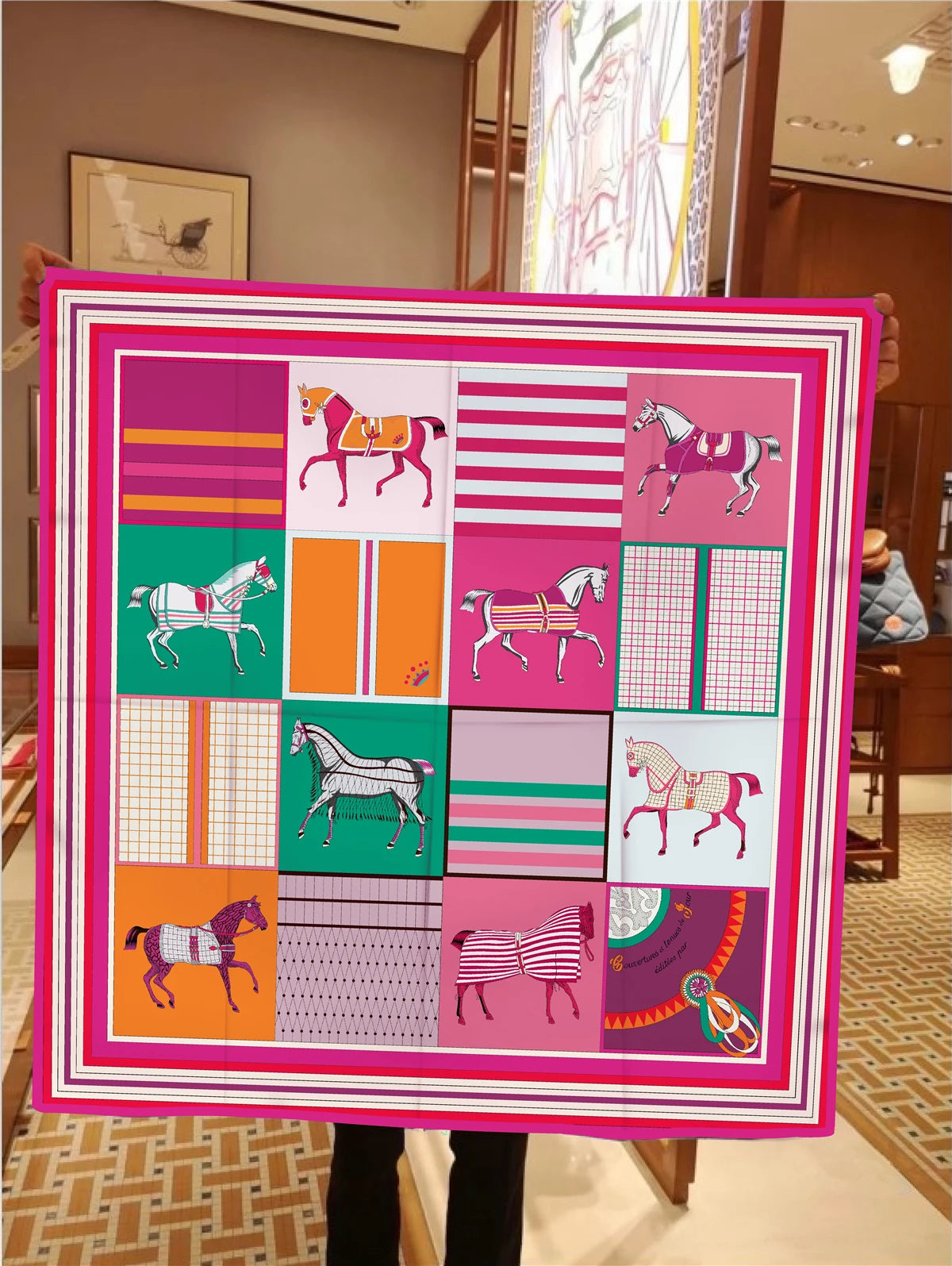 90 x 90 cm (35 in) Checkered Horse Print Twill Silk Square Scarf, Women's Luxury Bandana Shawl Hijab Neckerchief