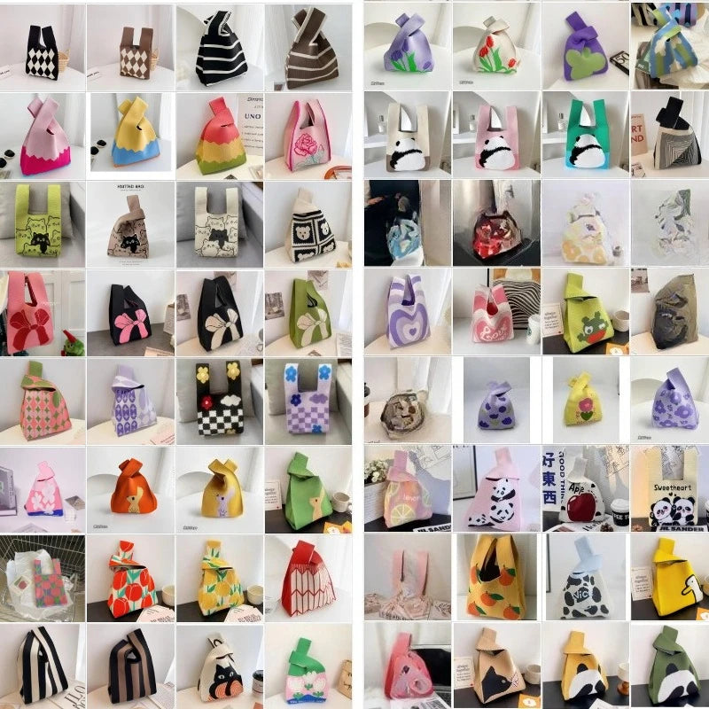 Handmade Knitted Knot Wrist Bag - Striped Mini Tote for Women, Large-Capacity Phone Bucket, Autumn Winter Casual