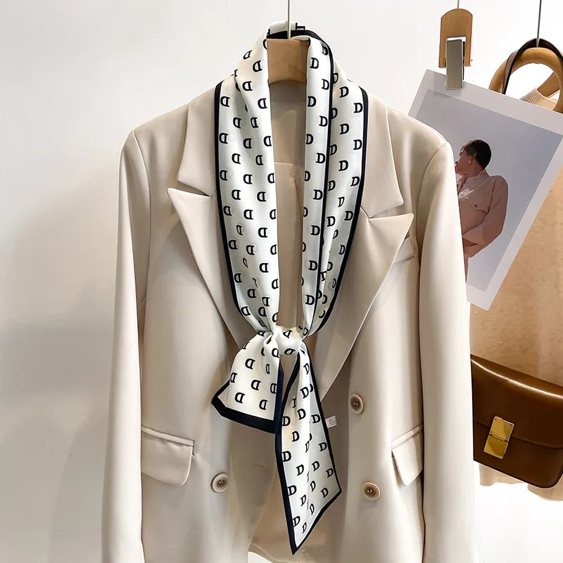 Women's Silk-Feel Printed Long Narrow Scarf 12 x 148 cm (4.7 x 58.3 in) - 50+ Colors | Headband & Shawl