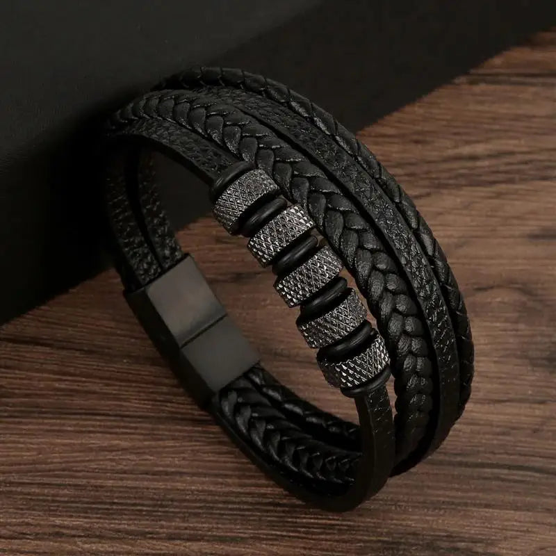 Men's Multi-Layer Woven Leather Bracelet with Alloy Magnetic Buckle - Punk Style, 19/21/23 cm (7.5/8.3/9.1 in)