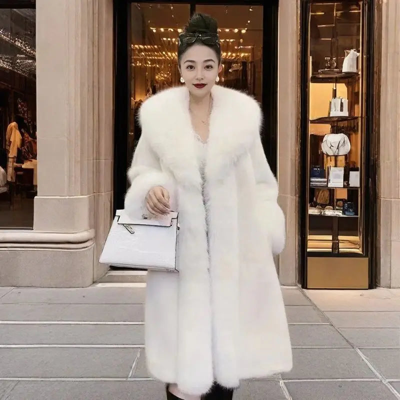 Chic Casual Women's Mid-Length Faux Fur Coat with Plush Collar Thick Warm Winter Parka Overcoat