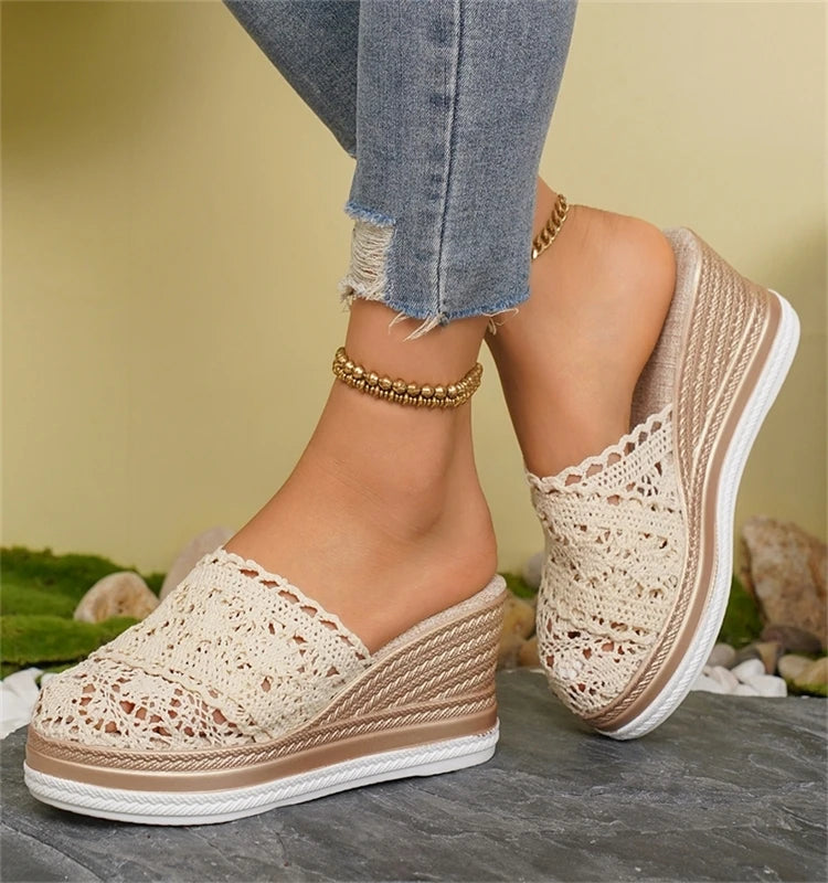 HAJINK Women's Lace Wedge Sandals – Breathable Summer Slide Heels, 5–8 cm (2–3 in) Heel, 3–5 cm (1.2–2 in) Platform