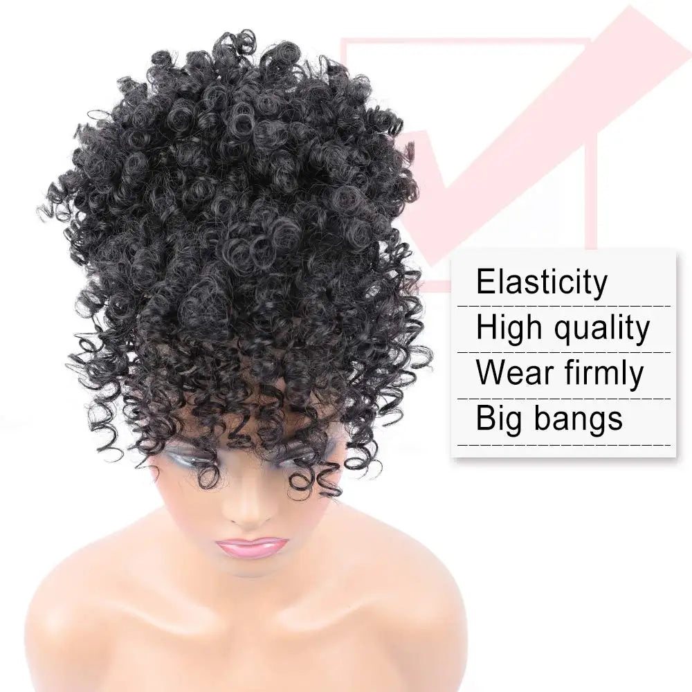 Afro Puff Drawstring Ponytail with Bangs – Short Curly Clip-In Wrap Updo, Heat-Resistant Synthetic Hair