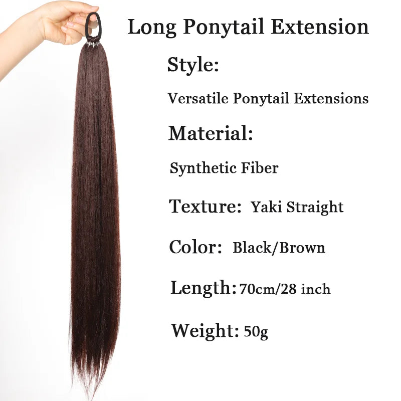 28-Inch (71 cm) Synthetic Ponytail Extension with Elastic Band - Braided Wraparound Hairpiece, Silky Straight Heat-Resistant Fiber, Black/Brown