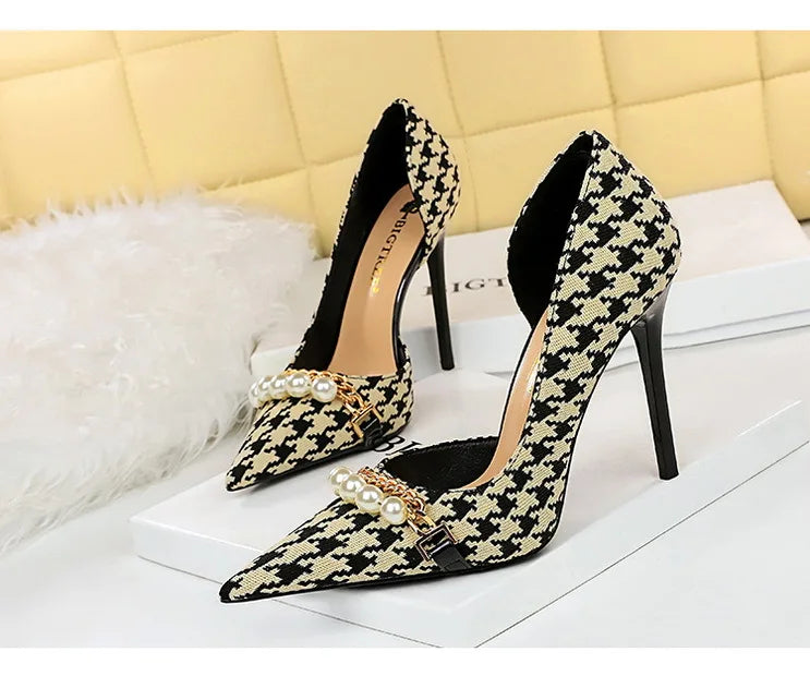 BIGTREE Women's Pearl Chain Stiletto Pumps – Pointed Toe High Heels for Party & Banquet