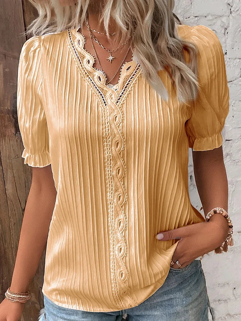 Women's Summer V-Neck Hollow Short Sleeve Top - Chiffon Splice Loose Plus Size Blouse