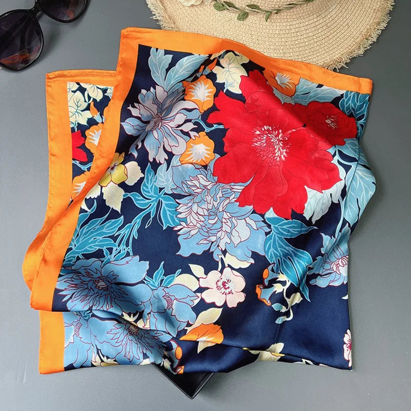70 x 70 cm (27.6 x 27.6 in) Floral Satin-Look Polyester Square Scarf - Women's Headscarf, Hijab, Hair Band & Wrist Wrap