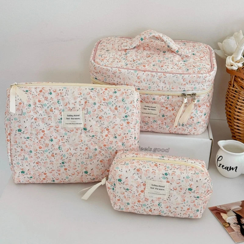 Vintage Corduroy Floral Makeup Bag - Retro Zipper Cosmetic Pouch Clutch for Women