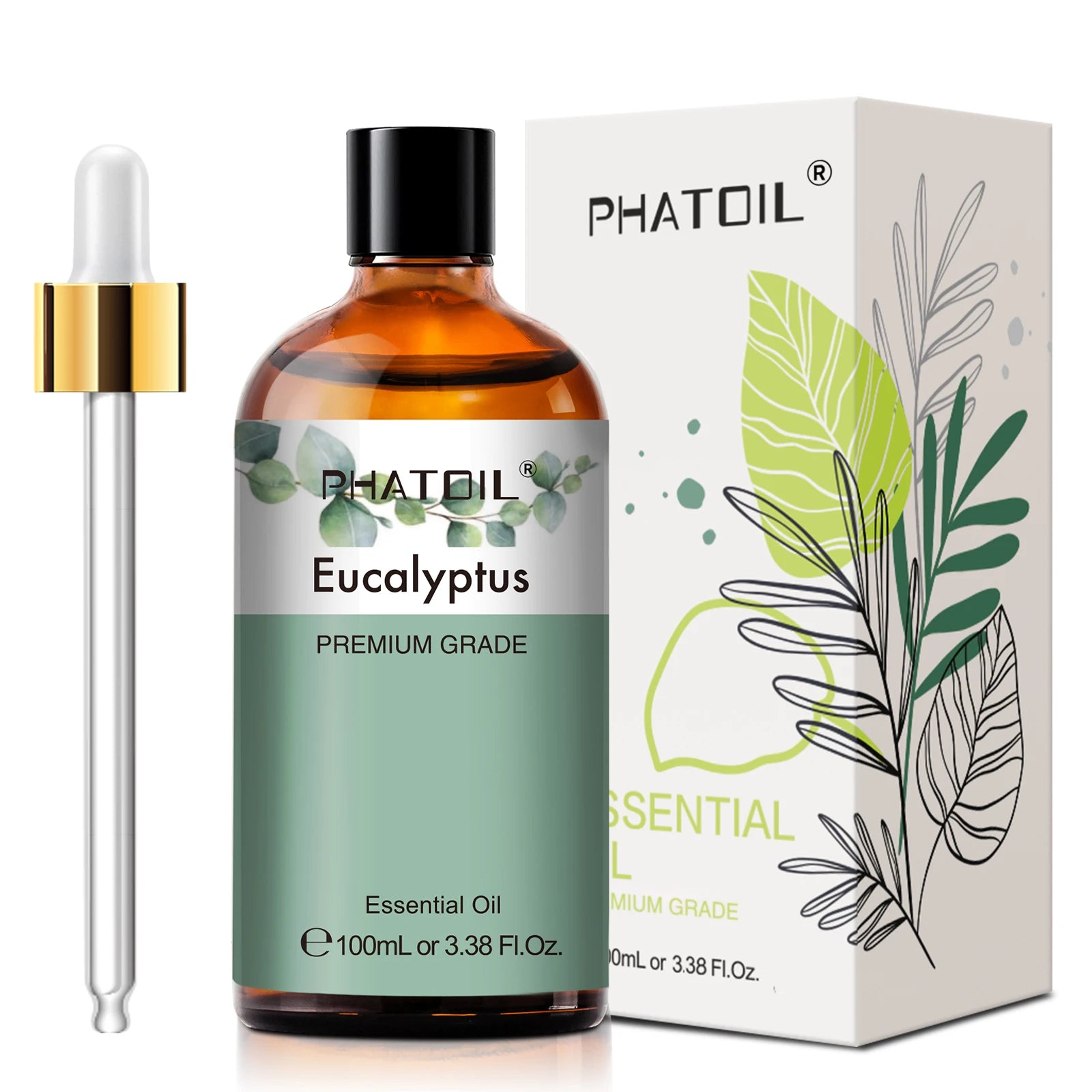 PHATOIL 100ml (3.38 fl oz) Pure Essential Oil for Aromatherapy — Eucalyptus, Lavender, Vanilla, Jasmine, Lemon, Bergamot