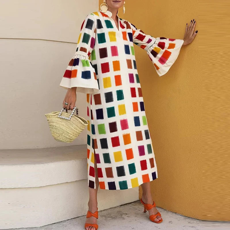 Printed V-Neck Long Sleeve Maxi Shirt Dress - Casual Street Style Women's Ankle-Length Loose Dress
