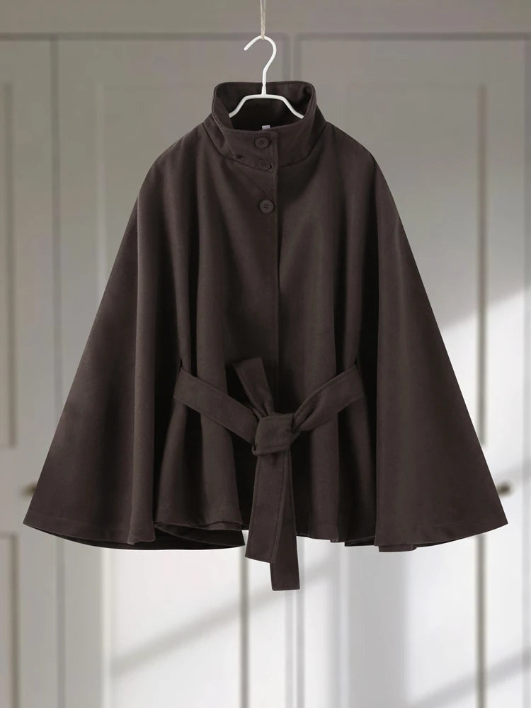Faux Fur Cloak Jacket for Women – Stand Collar Three-Button Belted Wide-Sleeve Coat, Casual Chic Outerwear